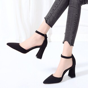 8cm粗跟高跟鞋尖头韩版百搭黑色绒面职业中空单鞋一字扣带凉鞋女