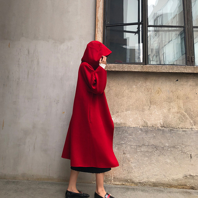 新年红色斗篷小红帽复古腔调加长款大衣双面羊绒羊毛连帽外套女