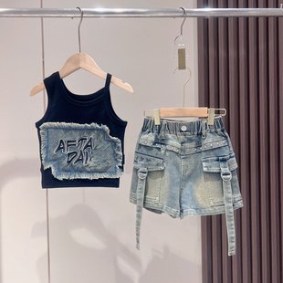 韩版 2024新款 潮酷个性 设计感不对称背心牛仔短裤 女童夏季 套装 童装
