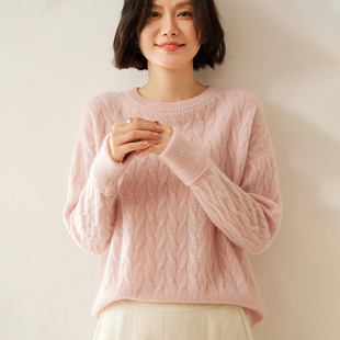 女圆领扭花宽松显瘦内搭简约针织打底衫 24秋冬新款 100%纯山羊绒衫