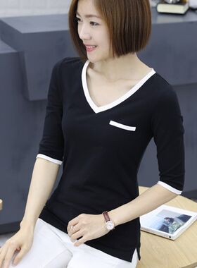 黑色白色大码修身桃心领V领中袖上衣体恤纯棉七分袖UT恤女士打底