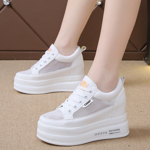 内增高小白鞋女8cm2021夏季新款配裙子厚底网面白鞋松糕透气网鞋
