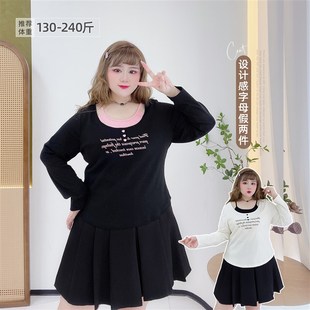 t恤 300斤胖mm休闲百搭打底衫 少女感字母假两件显瘦胖莹大码 女装