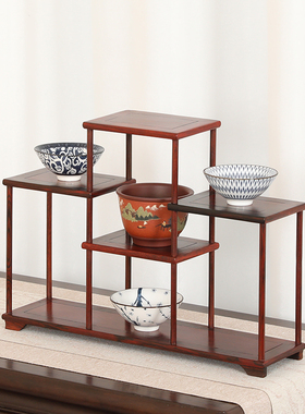 红酸枝明式盆景茶道零配摆件展示支架实木简约博古架婚宴冷菜托架
