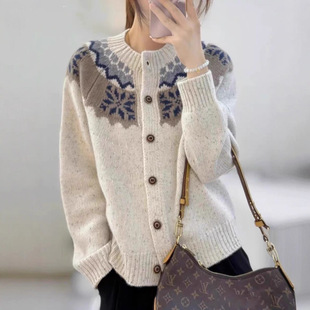 LP女装商场同款2025秋季新款北欧费尔岛绞花纱开衫女士针织外套