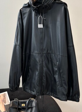 柜8.25W+！Row风黑色皮衣小香风连帽工装夹克短款机车服外套女秋