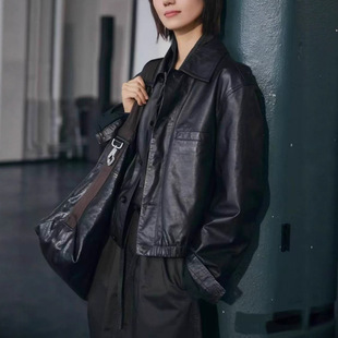 法奢秀场款！袁泉同款！油蜡冰翡翠绵羊皮翻领短款皮衣夹克外套女