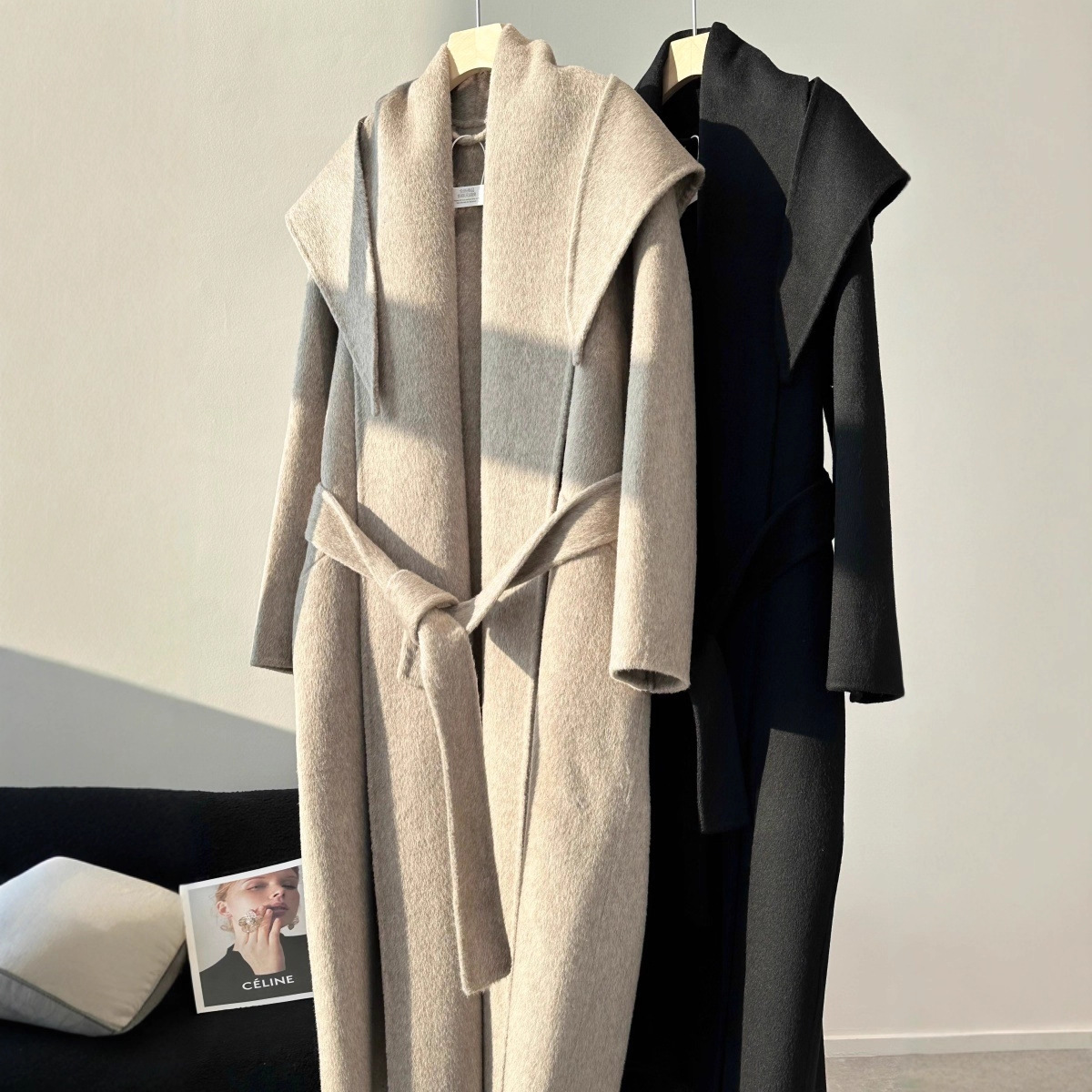 柜7.3W+!肯dou同款!荃羊毛双面呢蝴蝶结领连帽系带大衣外套女25冬