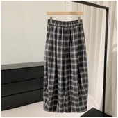 松紧高腰慵懒风宽松气质显瘦格纹阔腿弯刀长裤 柜598 26春新款 女