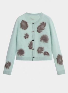 商场同款2025新款秋季洋气百搭显瘦长袖上衣蓝色毛线提花针织开衫