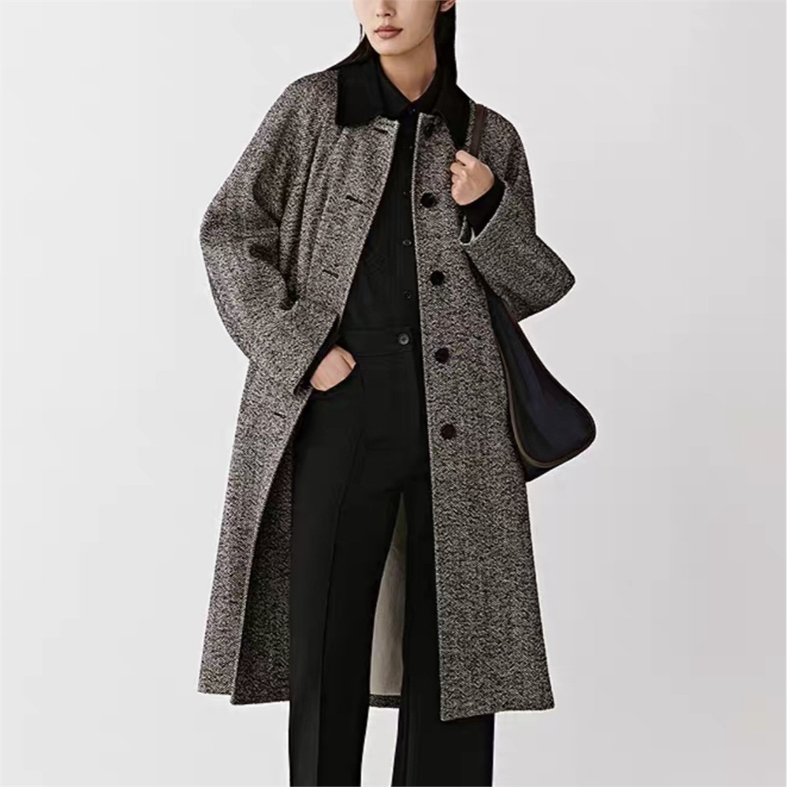 禾9900+！2025秋季新款羊毛混纺花呢中长款翻领毛呢大衣女外套