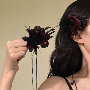 血吻玫瑰万圣节暗黑玫瑰花朵发夹长款流苏侧边夹搞怪鬼爪装扮配饰