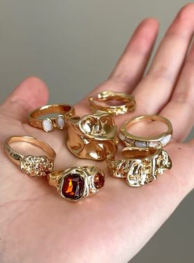 Vintage古着金色开口戒指女款轻奢高级感精致食指戒复古叠戴指环