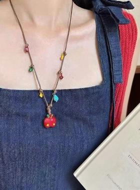 童趣可爱红色苹果彩色巧克力豆项链小众百搭编绳颈链锁骨链配饰女