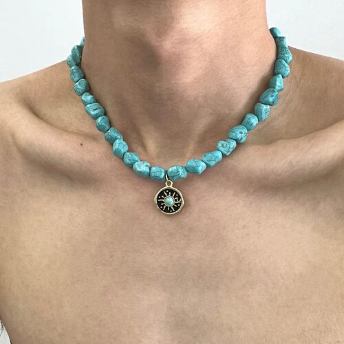 欧美复古太阳花仿松石项链女ins嘻哈小众设计感锁骨链男配饰潮牌