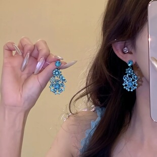 复古夸张蓝色镶钻花朵耳钉欧美小众轻奢高级气质耳坠矜贵优雅耳饰