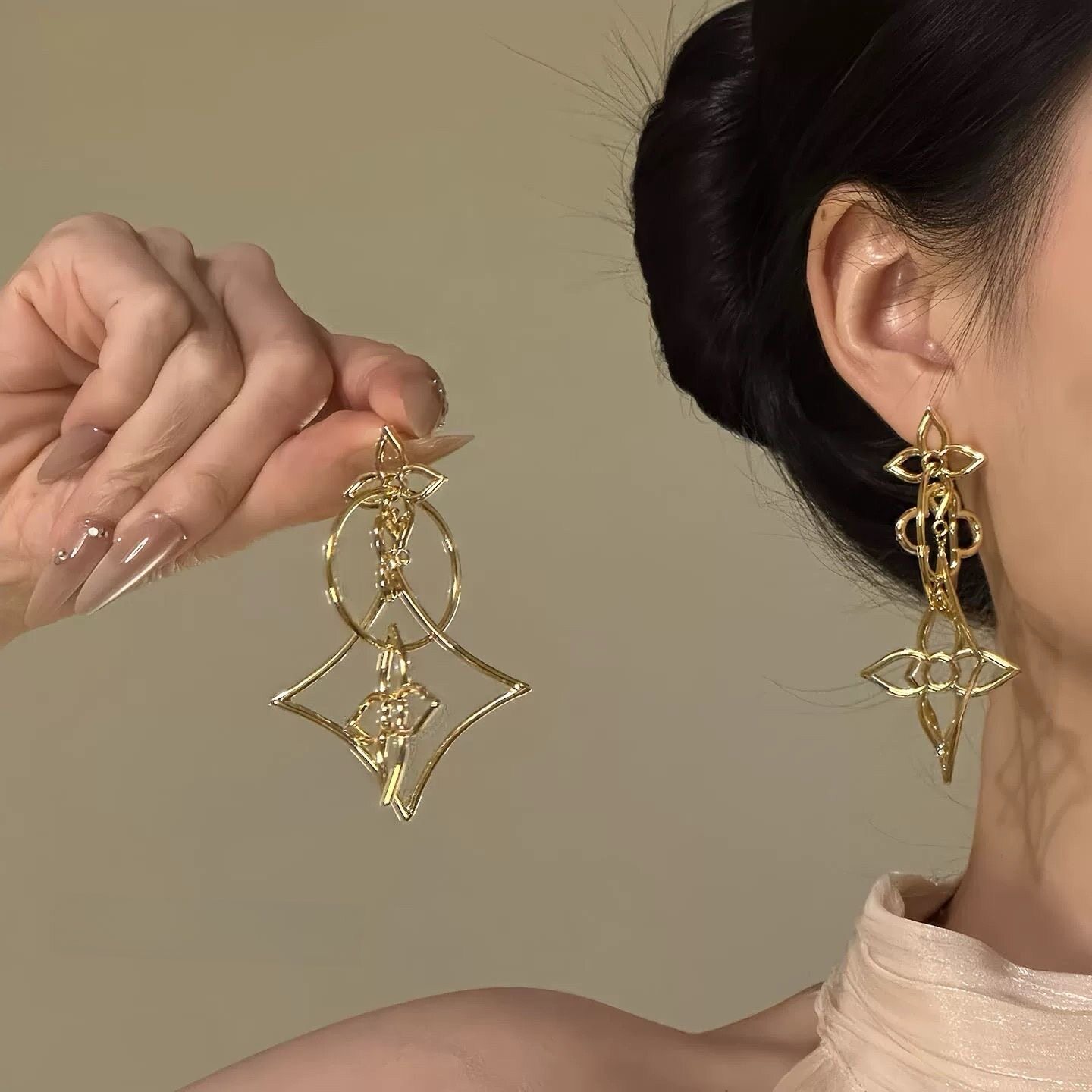 欧阳娜娜同款金色菱形流苏耳环复古夸张气质高级感独特绝美大耳饰