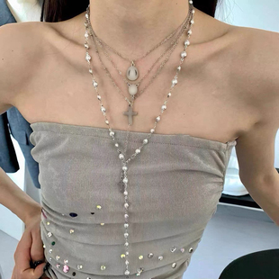 欧美轻奢十字架项链巴洛克仿珍珠小众复古多层高级设计锁骨颈链女