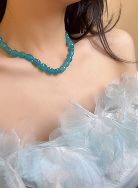 天然石海蓝色串珠项链女锁骨链