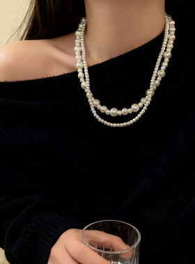 复古港风双层珍珠串珠锁骨项链女