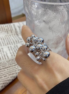 精致时髦金属银色多层串珠戒指女