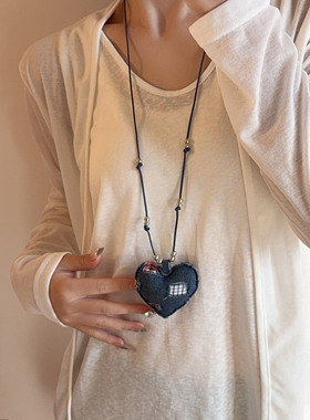 甜酷风牛仔爱心吊坠项链女长款女
