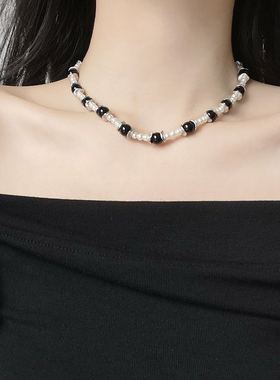 欧美新款网红黑色猫眼石珍珠项链