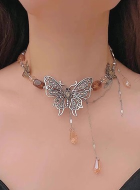 复古做旧金属蝴蝶吊坠流苏项链女