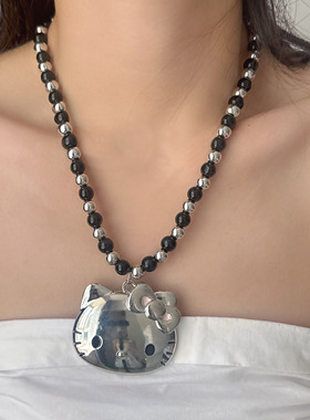 银色金属KT猫吊坠项链黑银串珠
