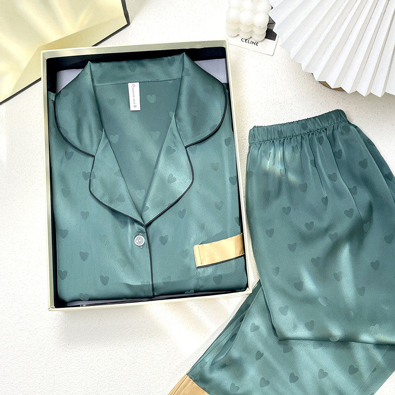 芬茗韩版夏季冰丝睡衣女春秋长袖薄款绿色丝绸滑料柔软家居服套装