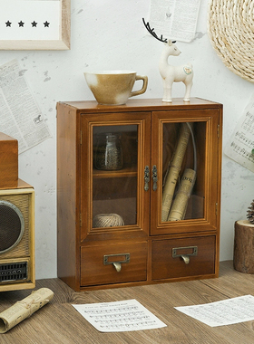 日式实木做旧复古玻璃首饰化妆品整理抽屉柜桌面分类印章手账收纳