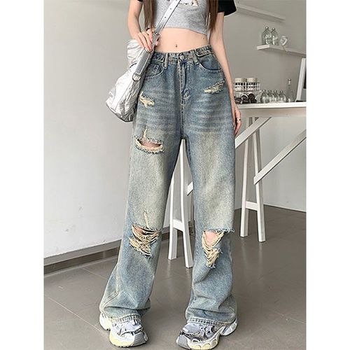 300斤大码胖mm破洞牛仔裤女夏季高街个性裤子宽松显瘦复古阔腿裤