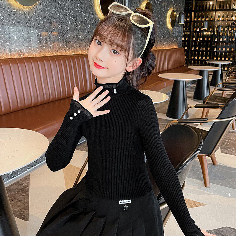 女童打底衫冬季薄款2024新款洋气儿童时髦半高领内搭秋冬黑色毛衣图片