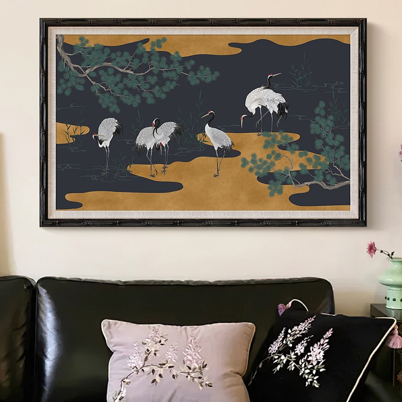 法式中国风六鹤图客厅装饰画新中式书房卧室壁画玄关复古茶室挂画