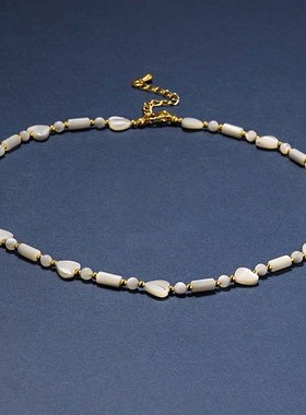 天然白蝶贝竹节拼接桃心项链女新中式串珠小众高级感项链配饰女夏