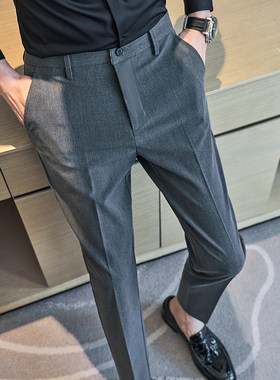 男士休闲西服裤秋冬季商务正装韩版修身潮垂感灰色九分西装长裤子