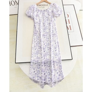 伊系2025夏法式 收腰显瘦紫色碎花连衣裙 气质茶歇裙V领泡泡袖