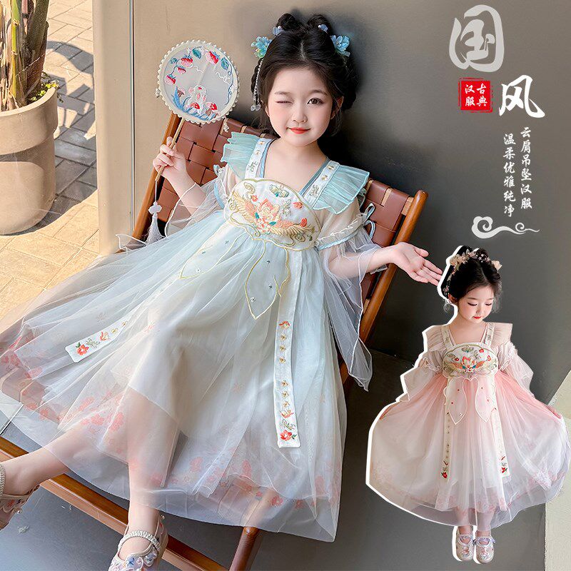 女童汉服连衣裙新款襦裙刺绣超仙女唐装古装国风裙子2025公主裙服