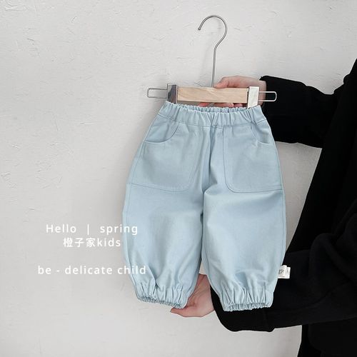 婴幼儿春秋季纯棉休闲裤男童纯色大口袋工装裤子女宝宝简约束腿裤