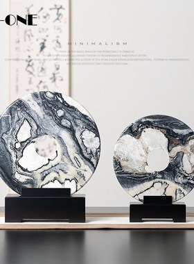 高档轻奢天然大i理石同心圆玉扣装饰品样板房间书房电视柜壁龛摆