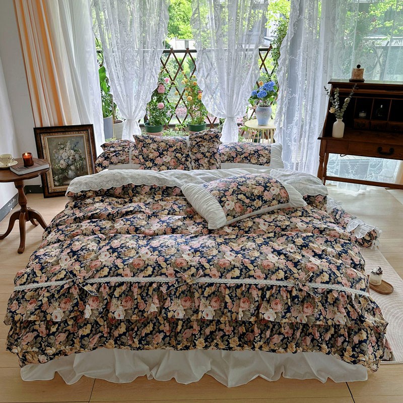韩版全棉床裙四件套纯棉小碎花床单被套田园小清新美式床上4件套