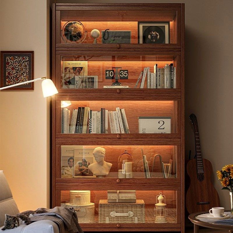 实木书柜储物柜一体胡桃木色仿玻璃展示置物柜子客厅落地防尘书架,住宅家具,家用陈列柜,淘宝优惠券,粉丝福利购,淘宝优惠卷