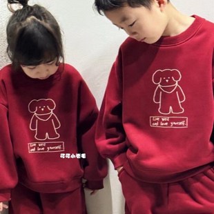 男童女童一体绒红色套装年服加绒卫衣兄妹装姐弟装圣诞节过年喜庆
