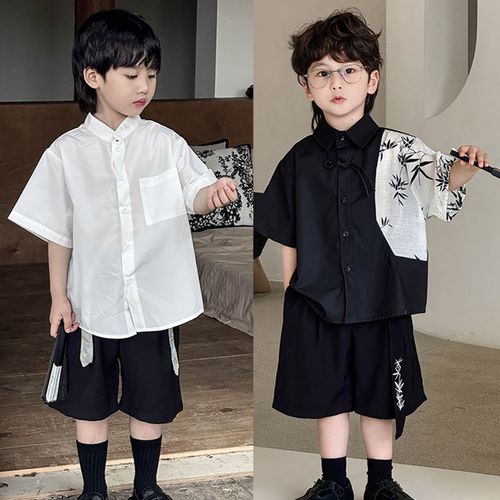 儿童新中式短袖衬衫套装2024夏季儿童西装礼服男童古风男宝汉服潮