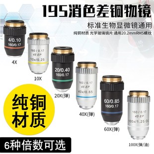 生物显微镜通用195消色差铜物镜4倍/10倍/20倍/40倍/60倍/100倍