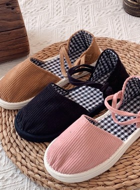 村匠纯手工千层底布鞋女春夏手工布鞋包头盘扣单鞋条绒复古单鞋