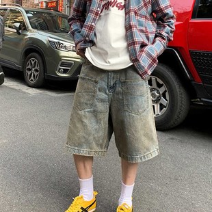 男女休闲直筒五分裤 美式 复古街头反穿设计黄泥水洗做旧牛仔裤