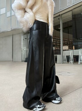 黑色高腰阔腿皮裤女秋冬加绒新款哑光垂感直筒裤显瘦高级感拖地裤