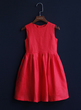 女童夏装连衣裙背心裙百褶裙红色亚麻裙公主裙亲子装母女装连衣裙