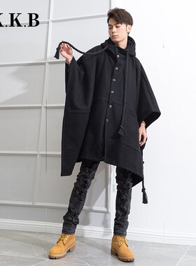 斗篷外套男秋冬季毛呢无袖披肩男孩子黑色披风连帽单排扣大衣英伦
